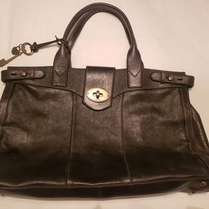Large Fossil Black Leather Purse Satchel Bag